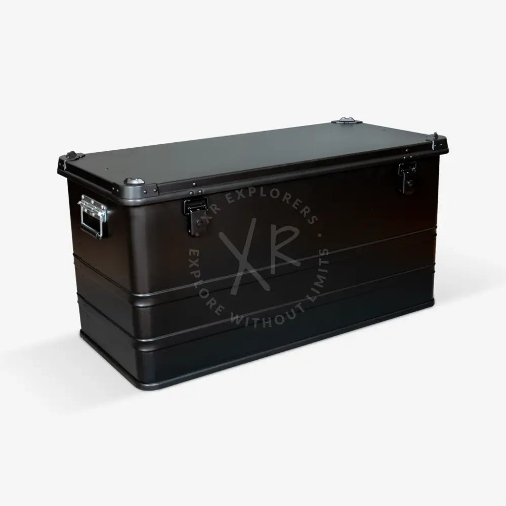 Black metal aluminium transport box with silver latches and reinforced corners for secure storage and transport