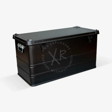 Black metal aluminium transport box with silver latches and reinforced corners for secure storage and transport