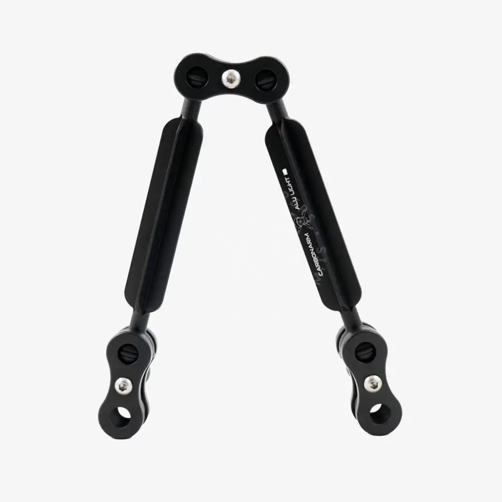 Black carbon fiber a-frame camera stabilizer with silver screws and branded text from aluminum arms standard kits