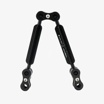 Black carbon fiber a-frame camera stabilizer with silver screws and branded text from aluminum arms standard kits