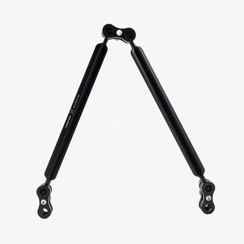 Black gas spring with sleek cylindrical body and robust metal ends in aluminum arms standard kits