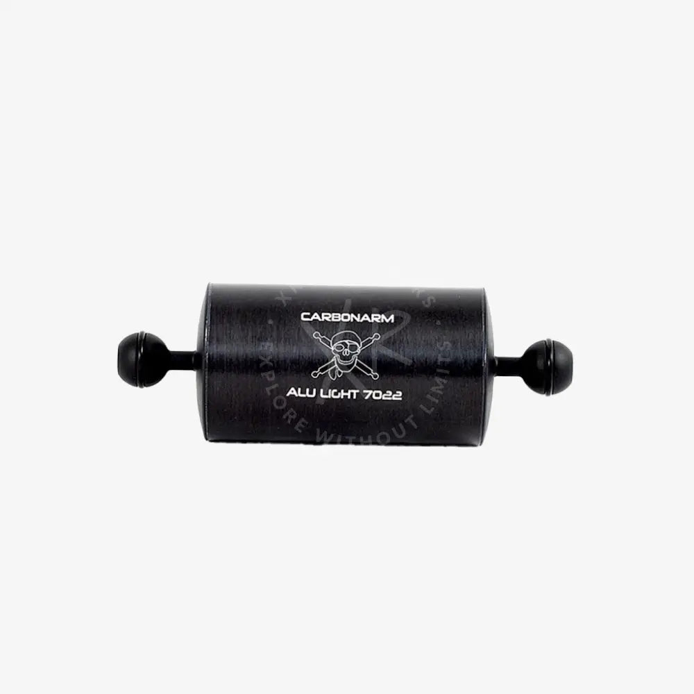 Black cylindrical aluminum floating arm light fixture with spherical end caps and engraved branding