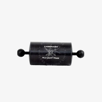 Black cylindrical aluminum floating arm light fixture with spherical end caps and engraved branding