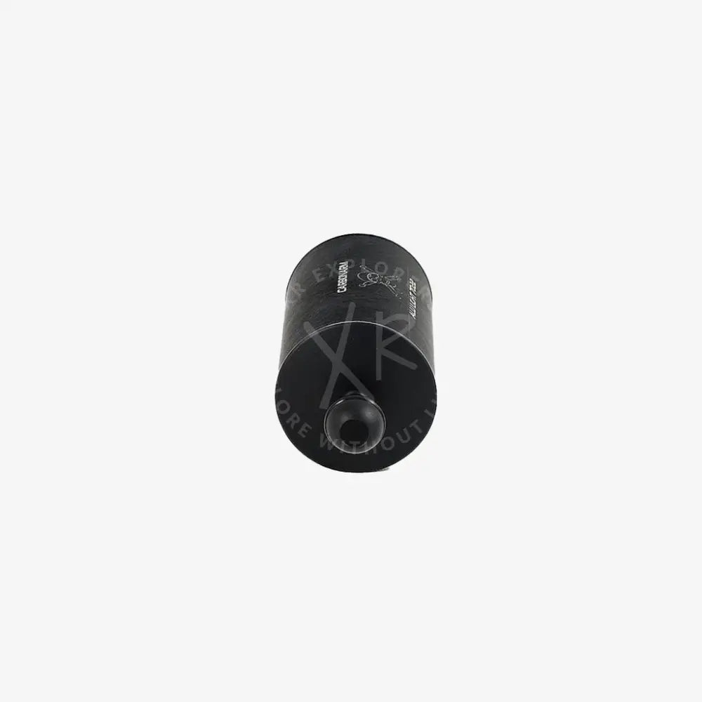 Black cylindrical aluminum floating arm air filter with matte finish and embossed branding on the side