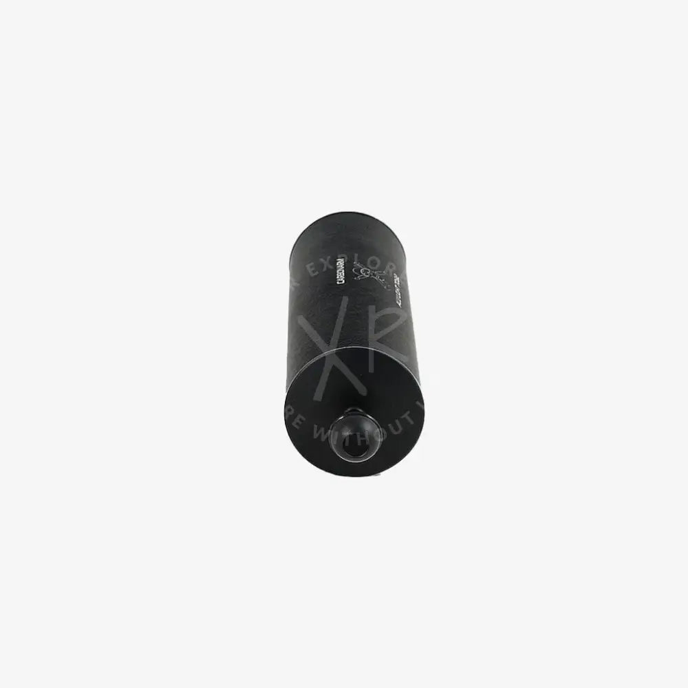 Black cylindrical aluminum floating arm air filter with matte finish and embossed branding on its side