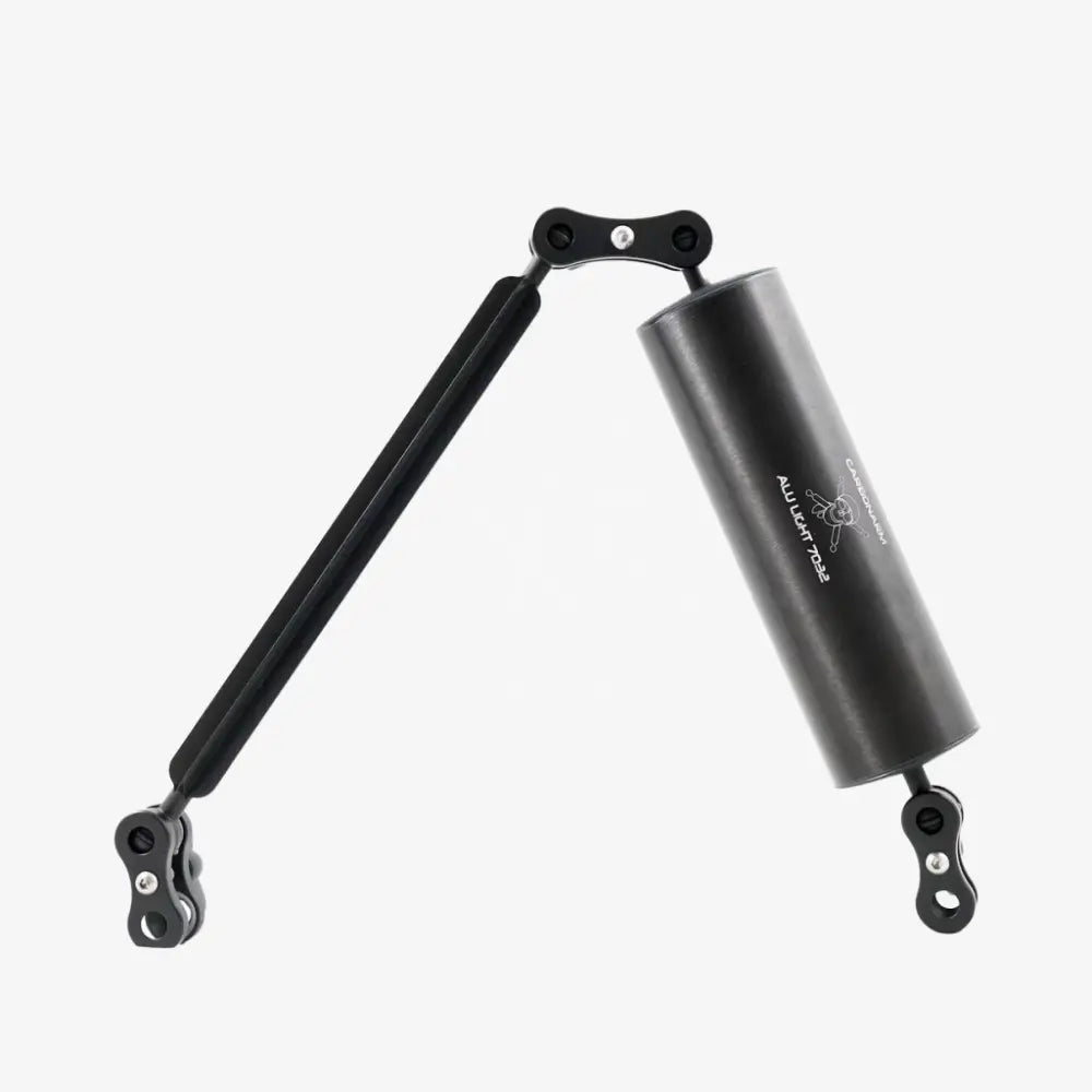 Black aluminum gas spring with matte finish and branded text for aluminum floating arms kit 70 series