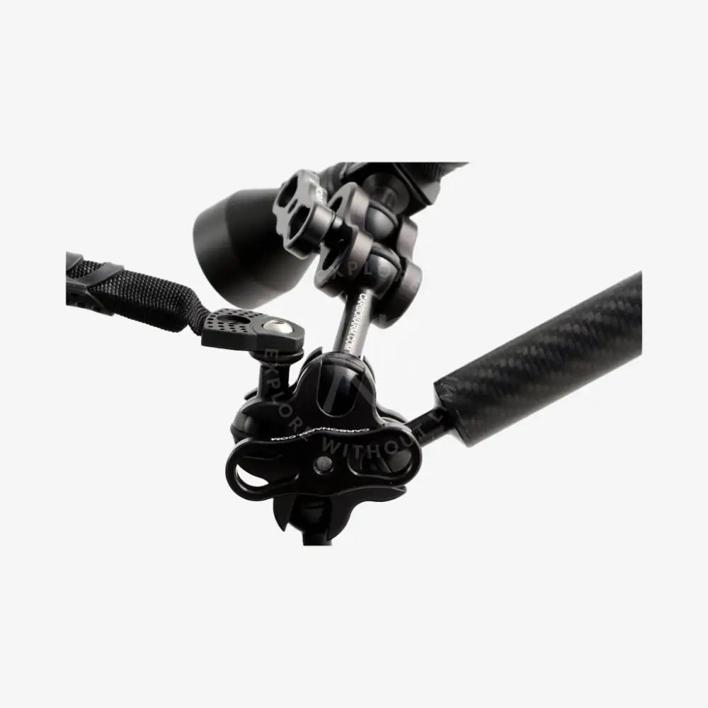 Black carbon fiber tripod with adjustable mounting bracket and camera attachment for aluminum light arms product