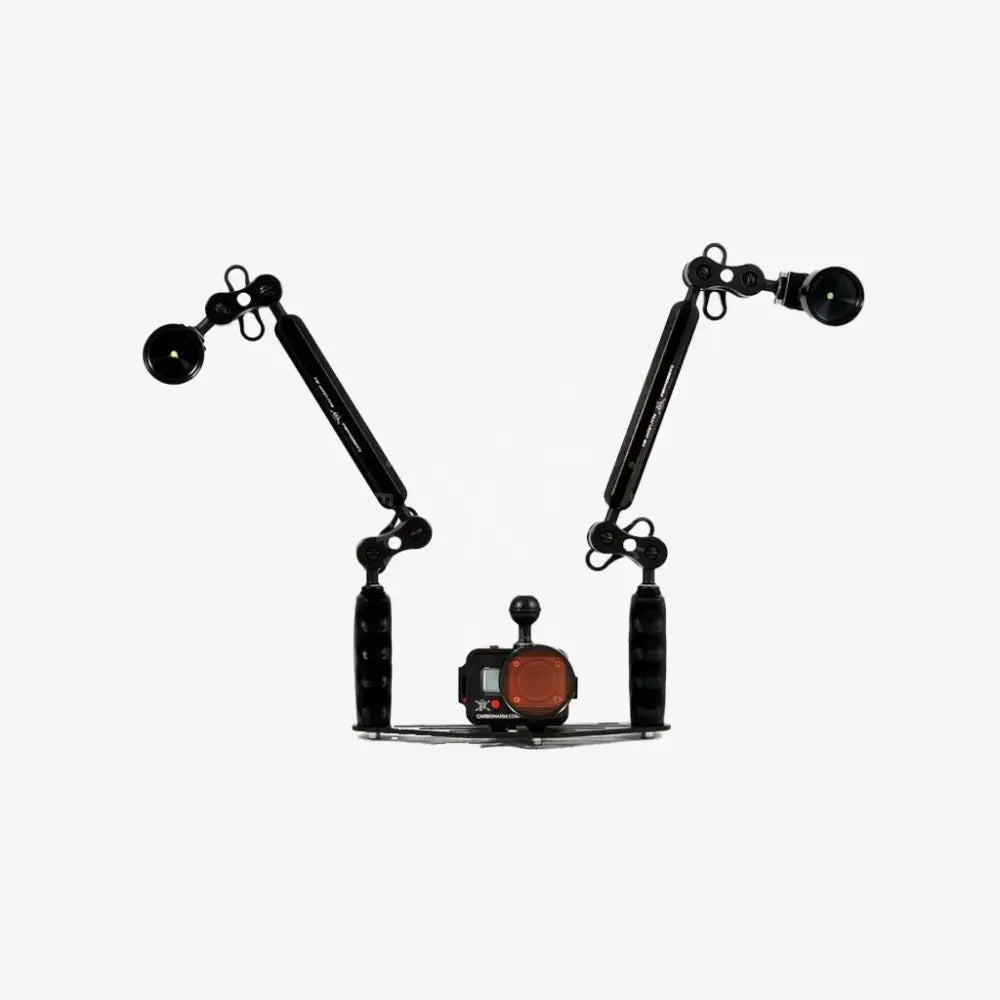 Black aluminum light arms with two adjustable articulated arms and a central mount holding an orange action camera