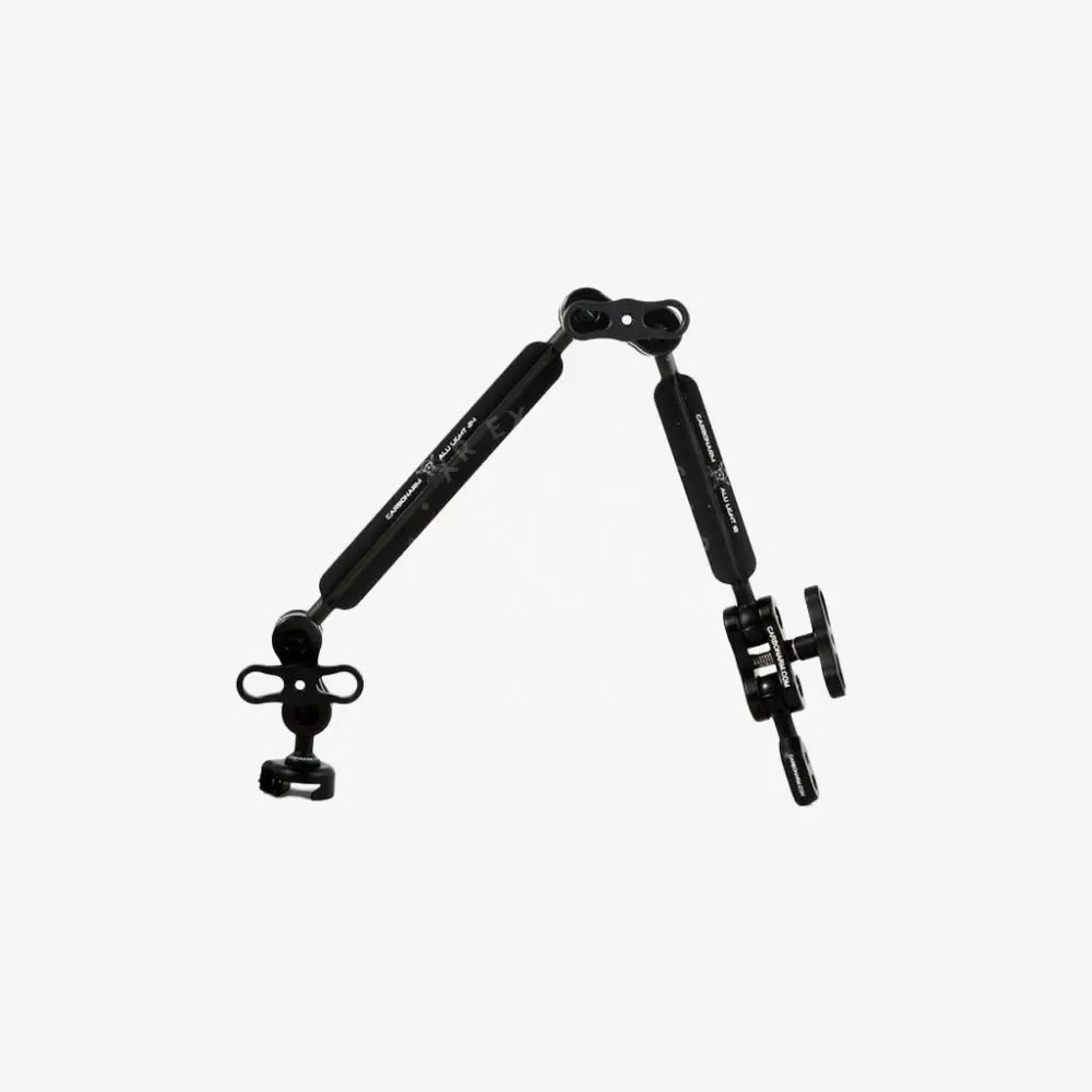 Black aluminum light arm with adjustable articulated joints and clamp ends for versatile camera mounting