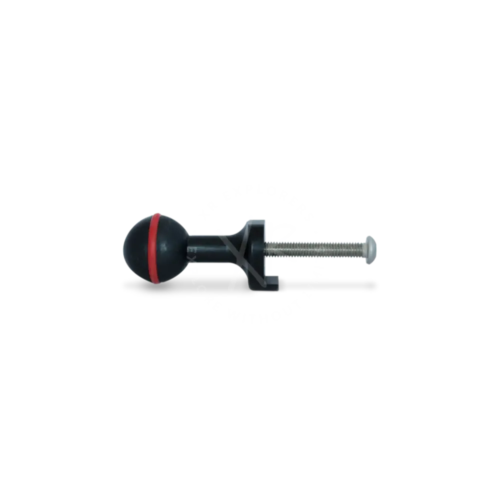 Black spherical ball mount camera grip with red stripe and threaded metal shaft for secure attachment