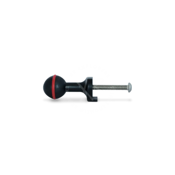 Black spherical ball mount camera grip with red stripe and threaded metal shaft for secure attachment