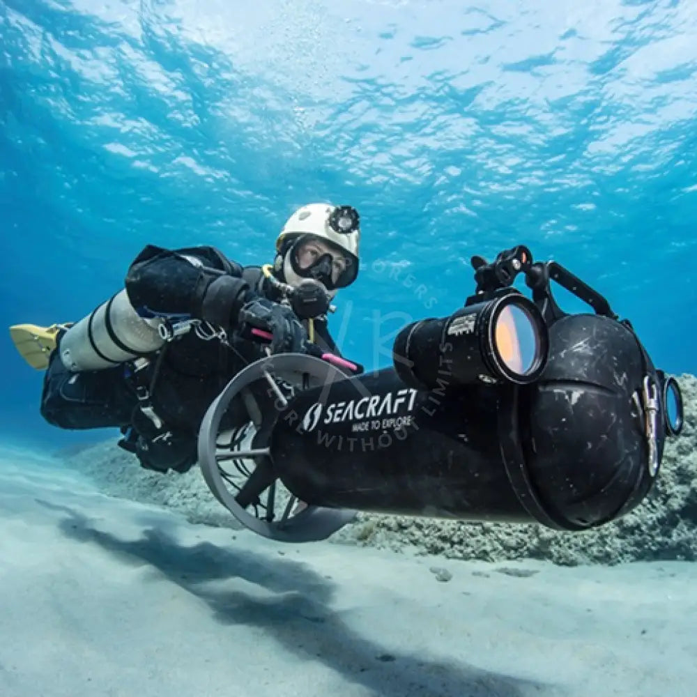 Black seacraft ball mount underwater exploration vehicle with rugged cylindrical body and prominent circular lenses