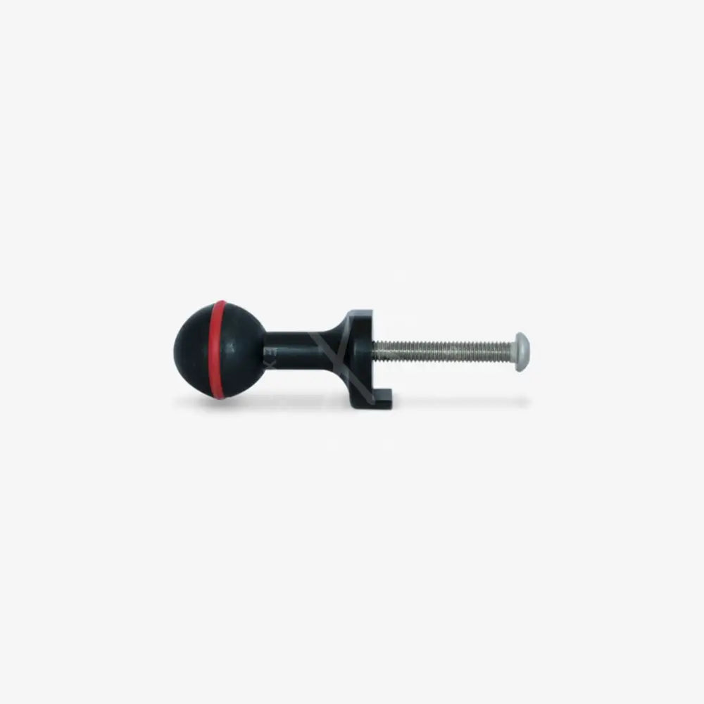 Black spherical ball mount camera grip with red stripe and threaded metal shaft for secure attachment