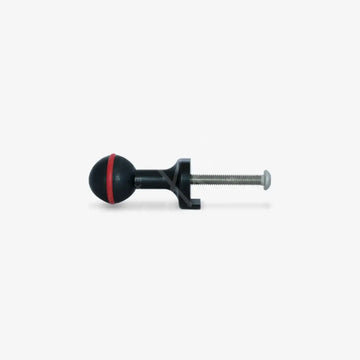 Black spherical ball mount camera grip with red stripe and threaded metal shaft for secure attachment