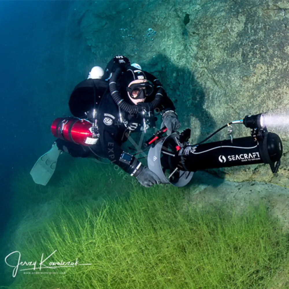 Black seacraft ball mount underwater camera rig with red and white accents designed for secure attachment