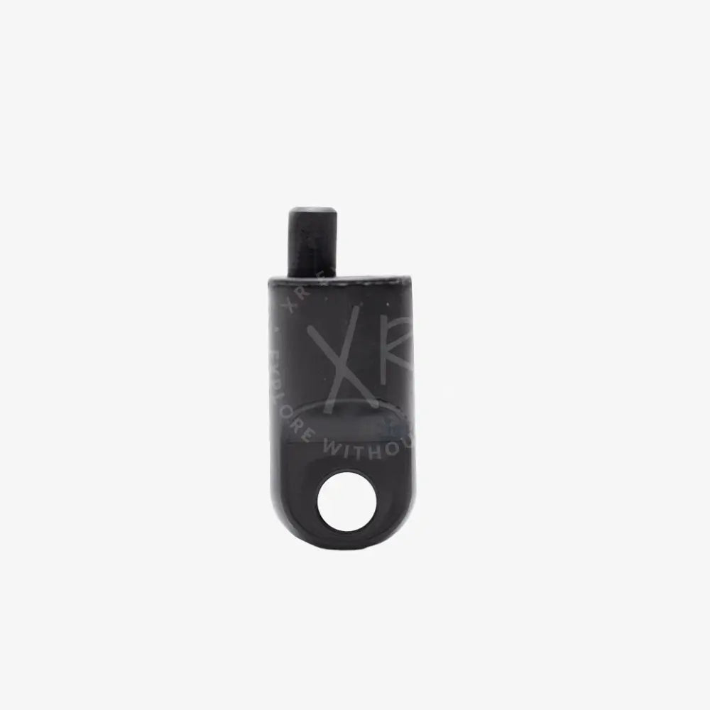 Black plastic blind plug for e o cord with circular hole at bottom and rectangular top protrusion