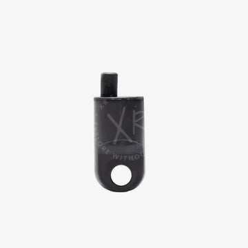 Black plastic blind plug for e o cord with circular hole at bottom and rectangular top protrusion