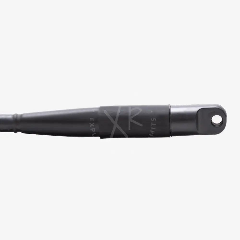 Black metal gas spring with cylindrical body and threaded end used as blind plug for e o cord