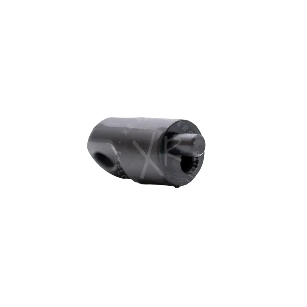 Black cylindrical metal blind plug for E/O cord with a protruding pin and two circular openings visible from the front