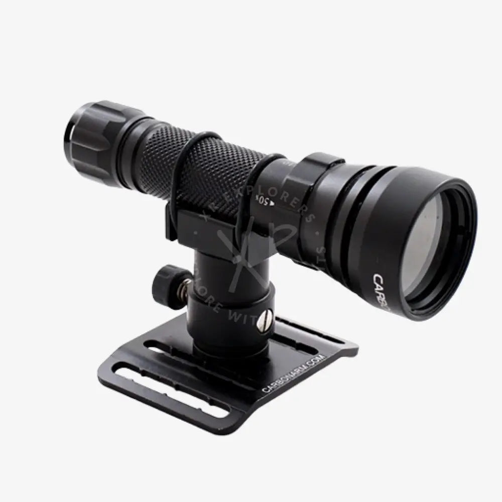Black tactical flashlight with textured grip and adjustable mount for bracket buckle scooter accessory