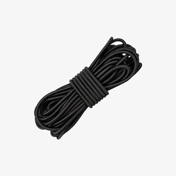 A black bungee cord tightly bound by a black band, preventing it from unraveling.