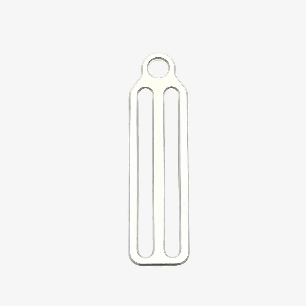 Silver-toned metal bungee tri-glide keychain with sleek rectangular design and two vertical cutouts with circular loop