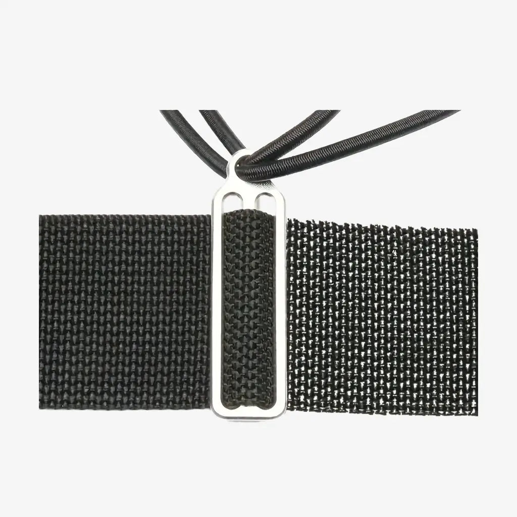 Black woven nylon bungee tri glide belt with silver-toned metal buckle and integrated elastic strap