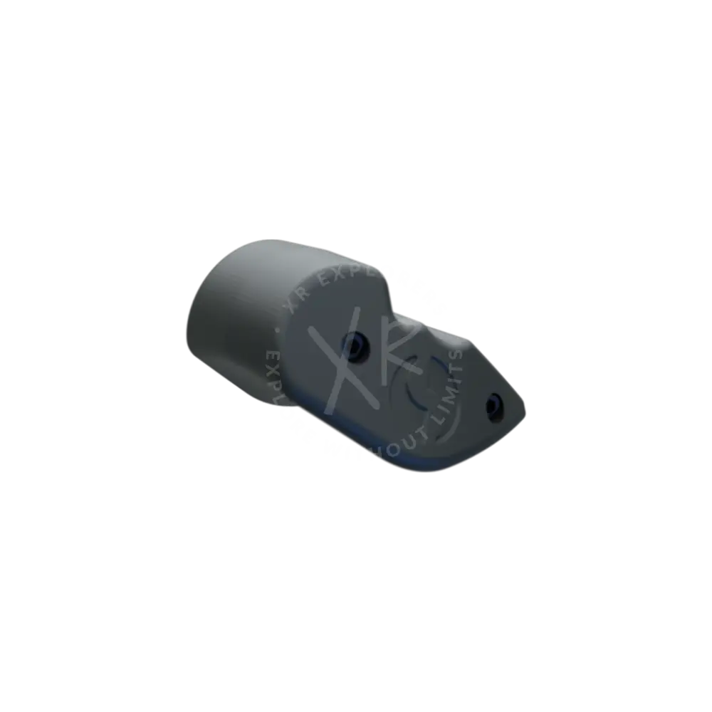 Gray plastic mouse-shaped buoyancy foam device with black eyes and subtle blue accent along lower edge
