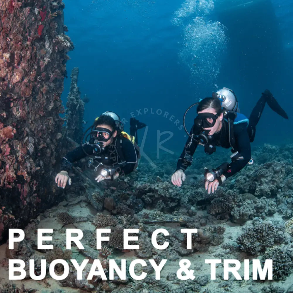Buoyancy mastery black wetsuit with yellow accents and white helmet worn by scuba divers underwater