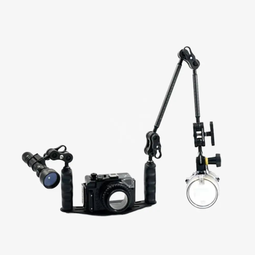 Black carbon arm slim underwater camera rig with adjustable arms and two lights for underwater photography