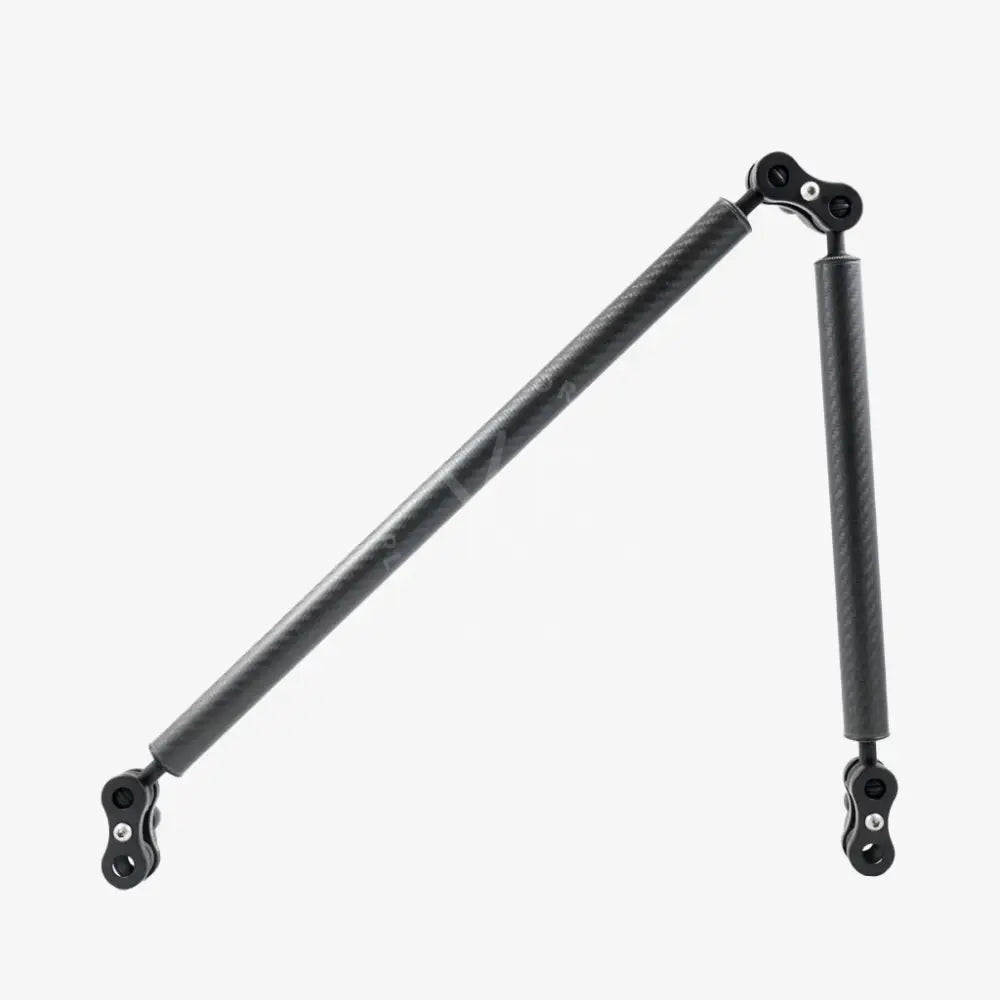 Black carbon fiber extension arm with articulated joints and mounting hardware from carbon arm standard kits