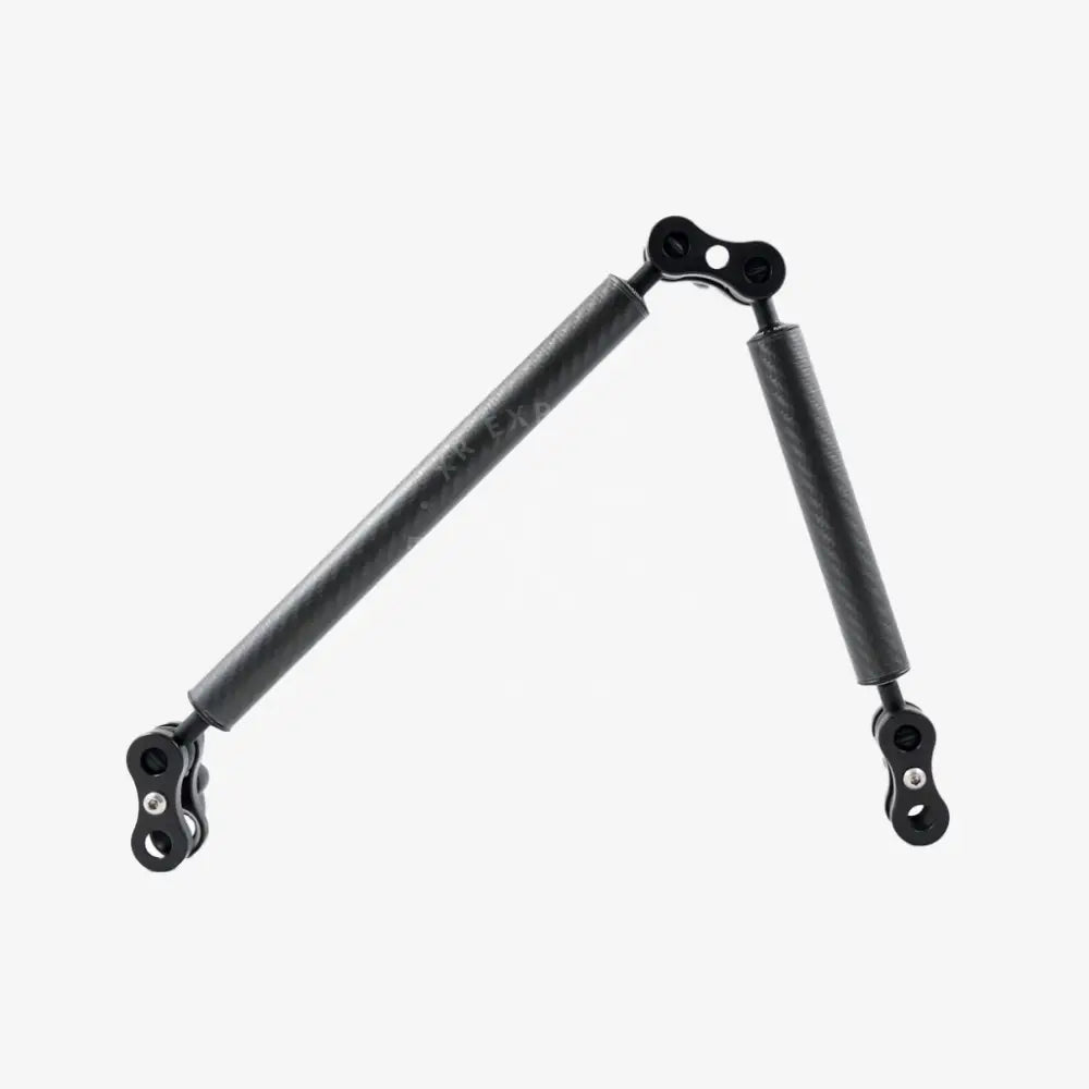 Black carbon fiber telescopic arm with articulated joints and mounting hardware from carbon arm standard kits