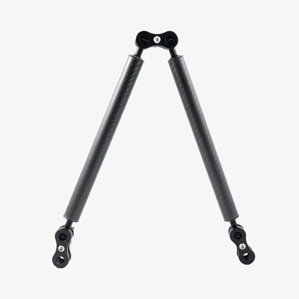 Black carbon fiber camera stabilizer with adjustable arms and mounting hardware from carbon arm standard kits