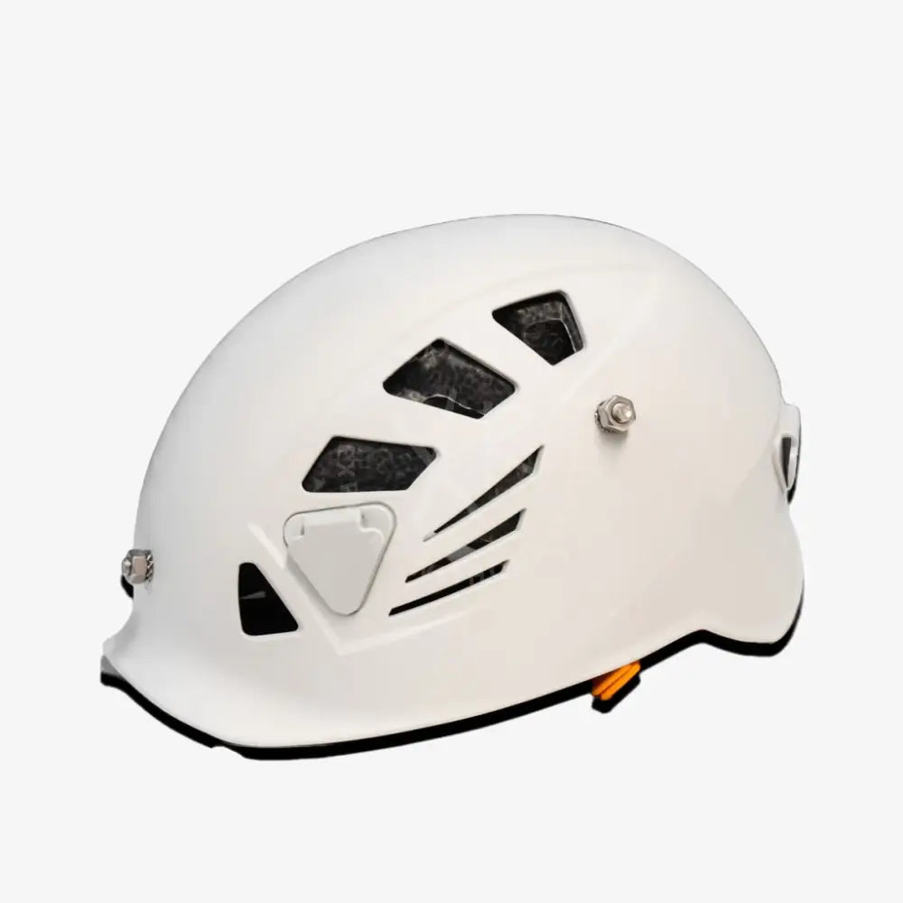 White carbonarm climbing helmet with black ventilation slots and silver adjustment knob for safety and comfort