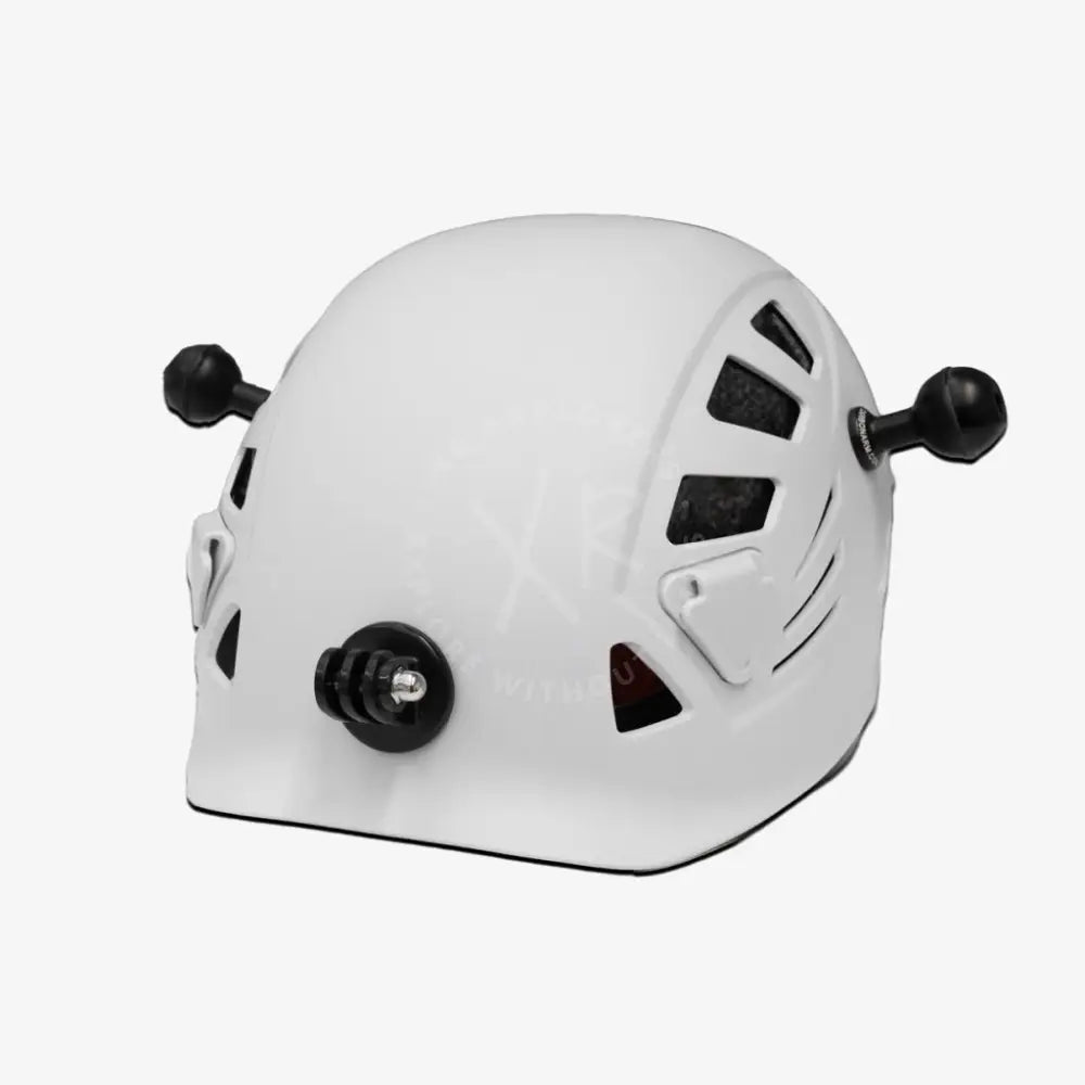 White carbonarm helmet with hard-shell design black adjustable straps and ventilation slots shown from the front