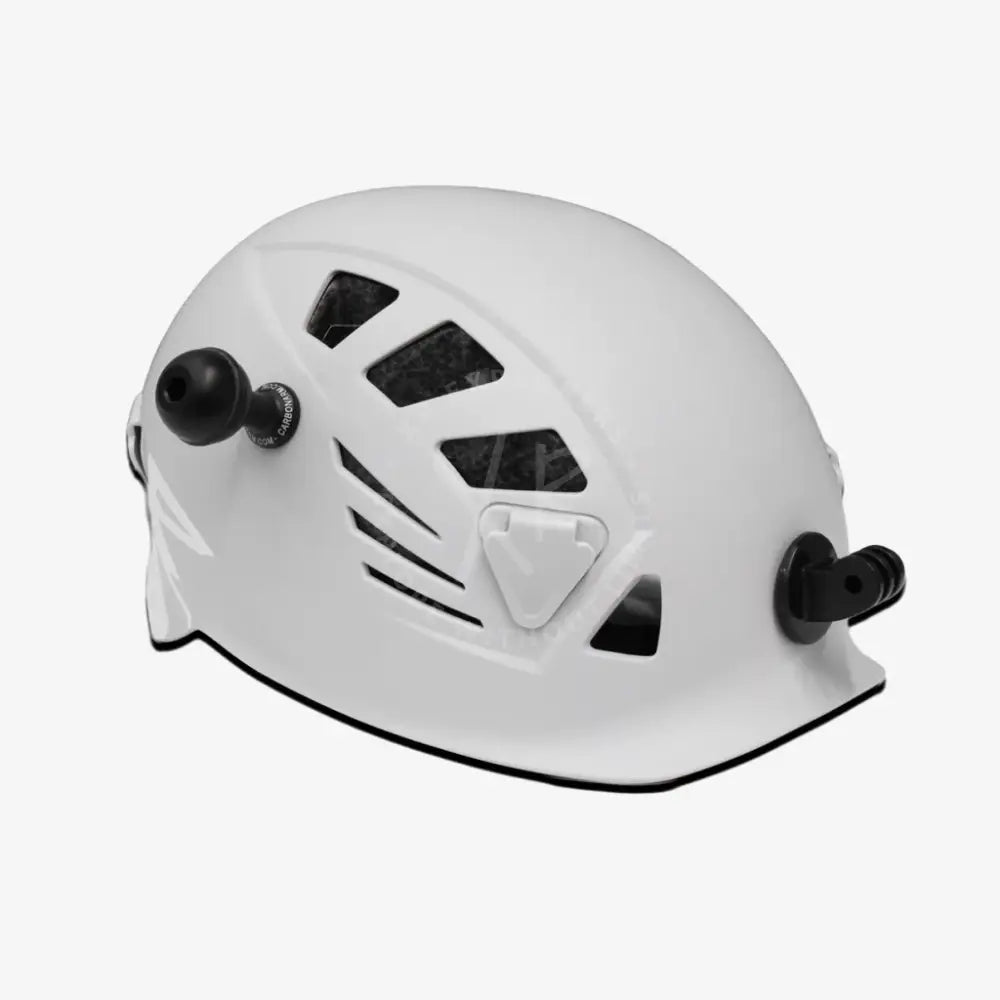 White carbonarm climbing helmet with black ventilation slots and adjustable side buckles for safety and comfort
