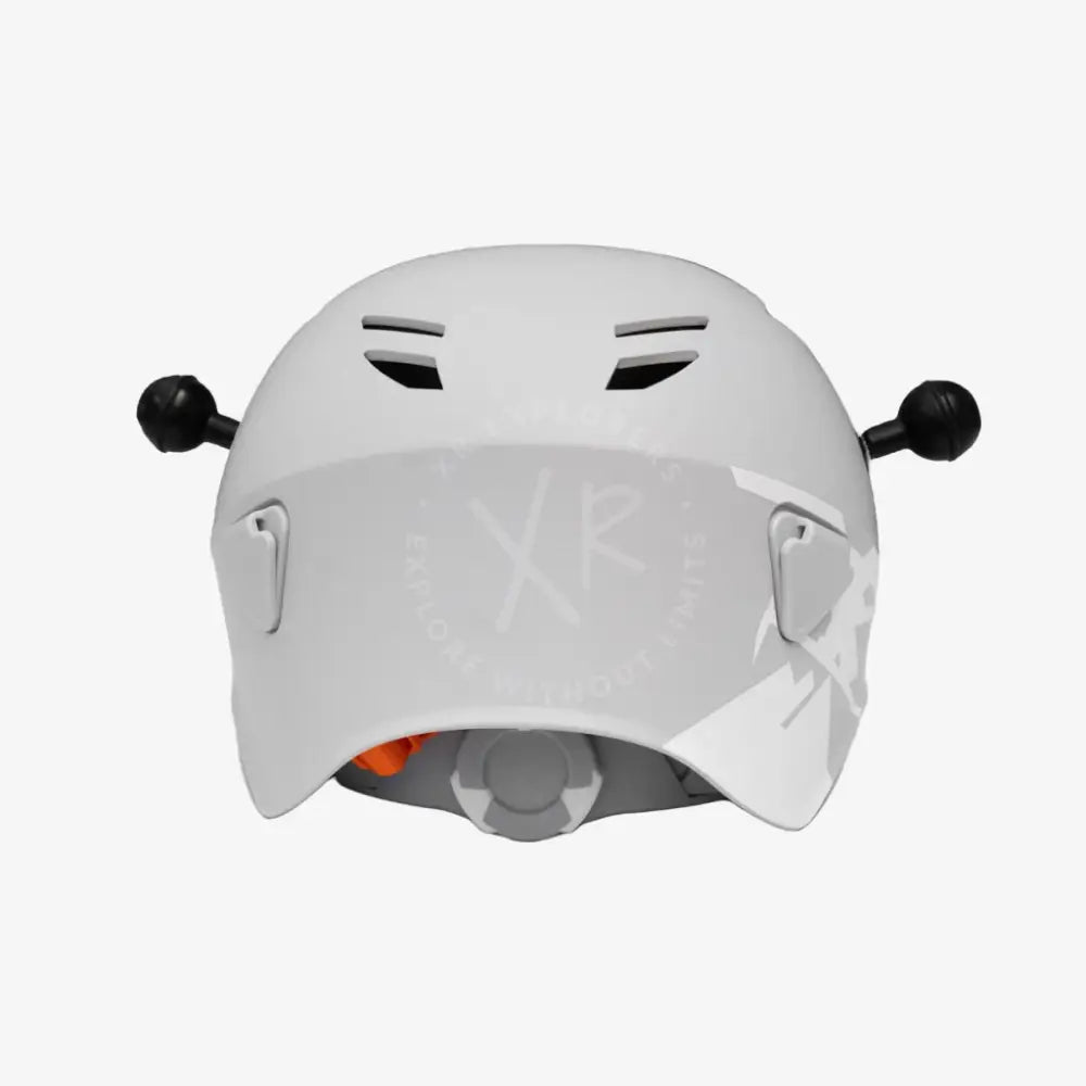 White carbonarm ski helmet with black ventilation slots and adjustable side straps for secure fit