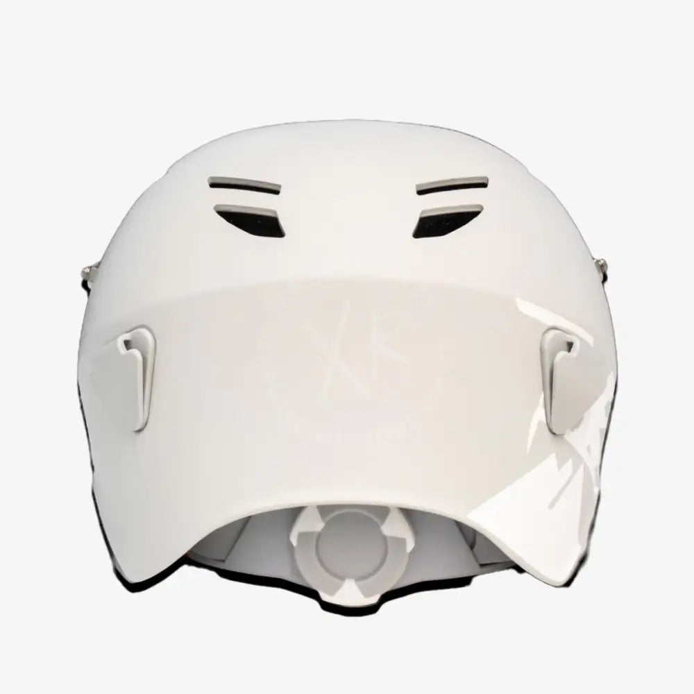 White carbonarm ski helmet with sleek aerodynamic design and ventilation slots for enhanced airflow and safety