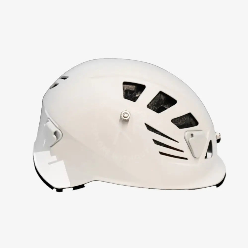 White carbonarm climbing helmet with black ventilation slots and adjustable side straps for secure fit