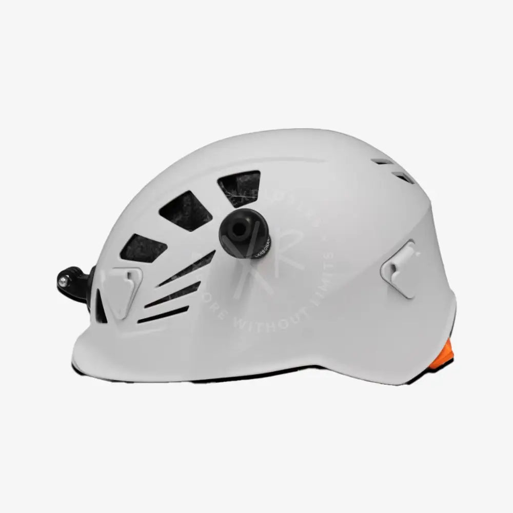White hard-shell Carbonarm climbing helmet with black ventilation slots and orange accent on the chin strap