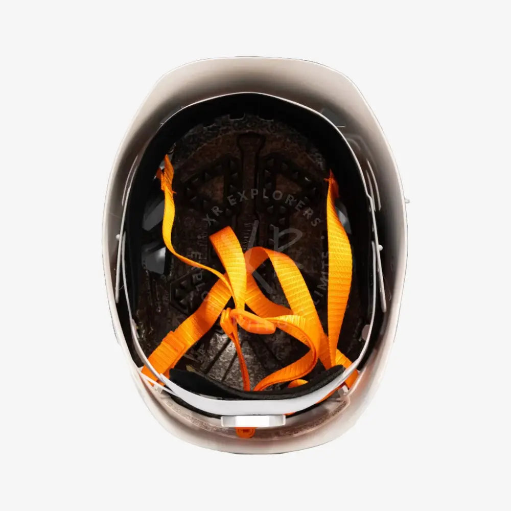 Carbonarm helmet white hard-shell with bright orange adjustable straps and black padded interior for safety use