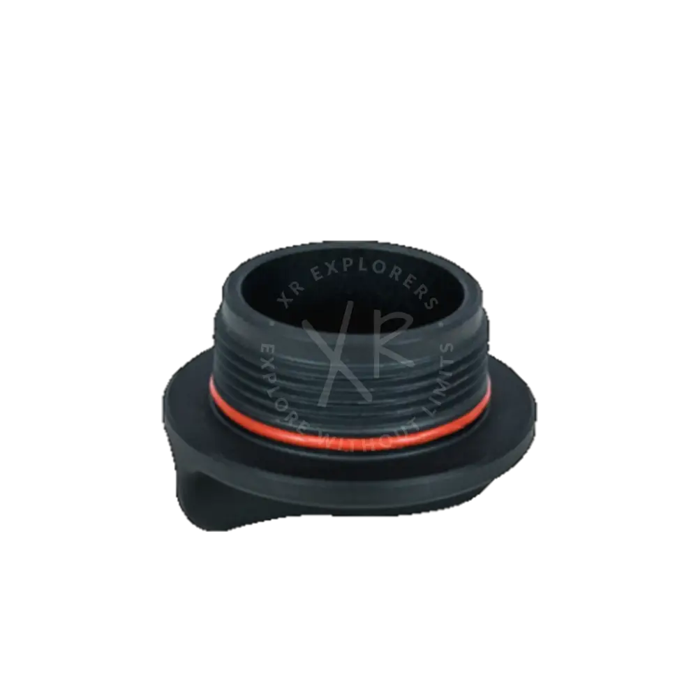 Black plastic charger socket cap with red rubber seal ring for secure oil filling protection