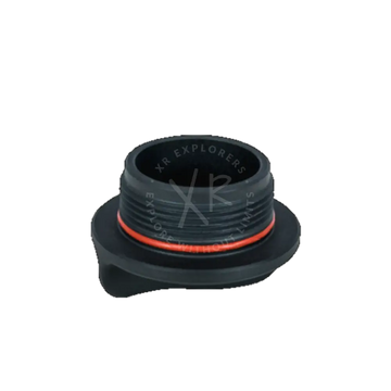 Black plastic charger socket cap with red rubber seal ring for secure oil filling protection