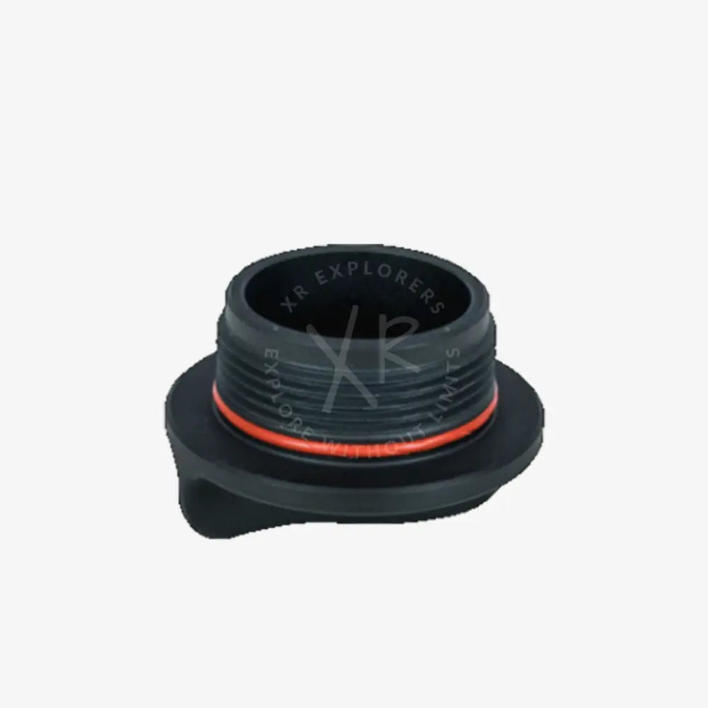 Black plastic charger socket cap with red rubber seal ring for secure oil filling protection