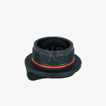 Black plastic charger socket cap with red rubber seal ring for secure oil filling protection