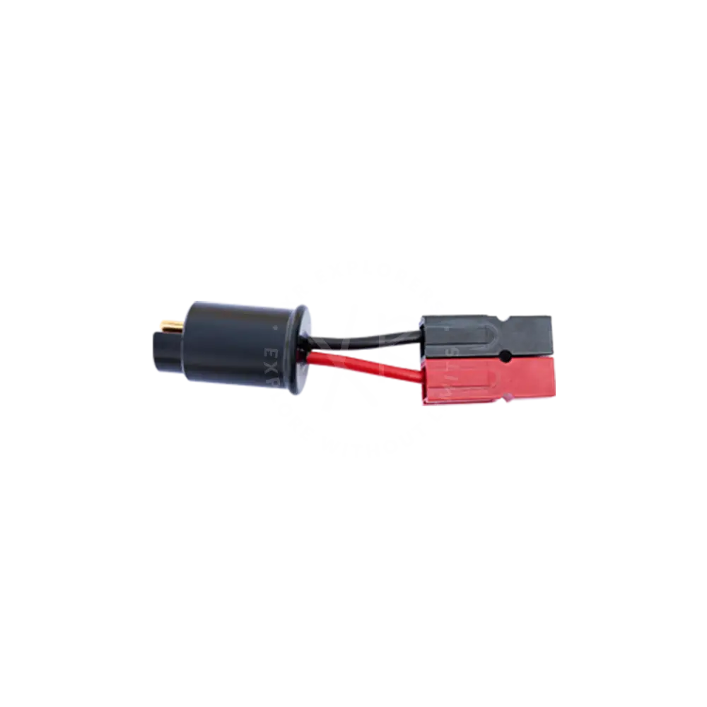 Black and red charging adapter with cylindrical housing and rectangular plug connected by insulated wires