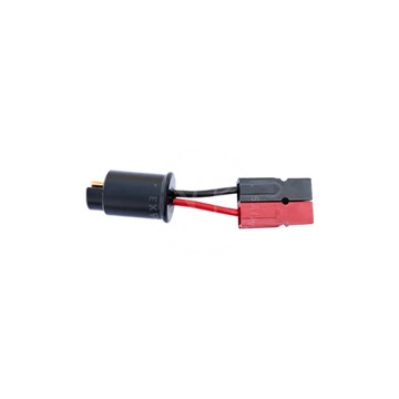 Black and red charging adapter with cylindrical housing and rectangular plug connected by insulated wires