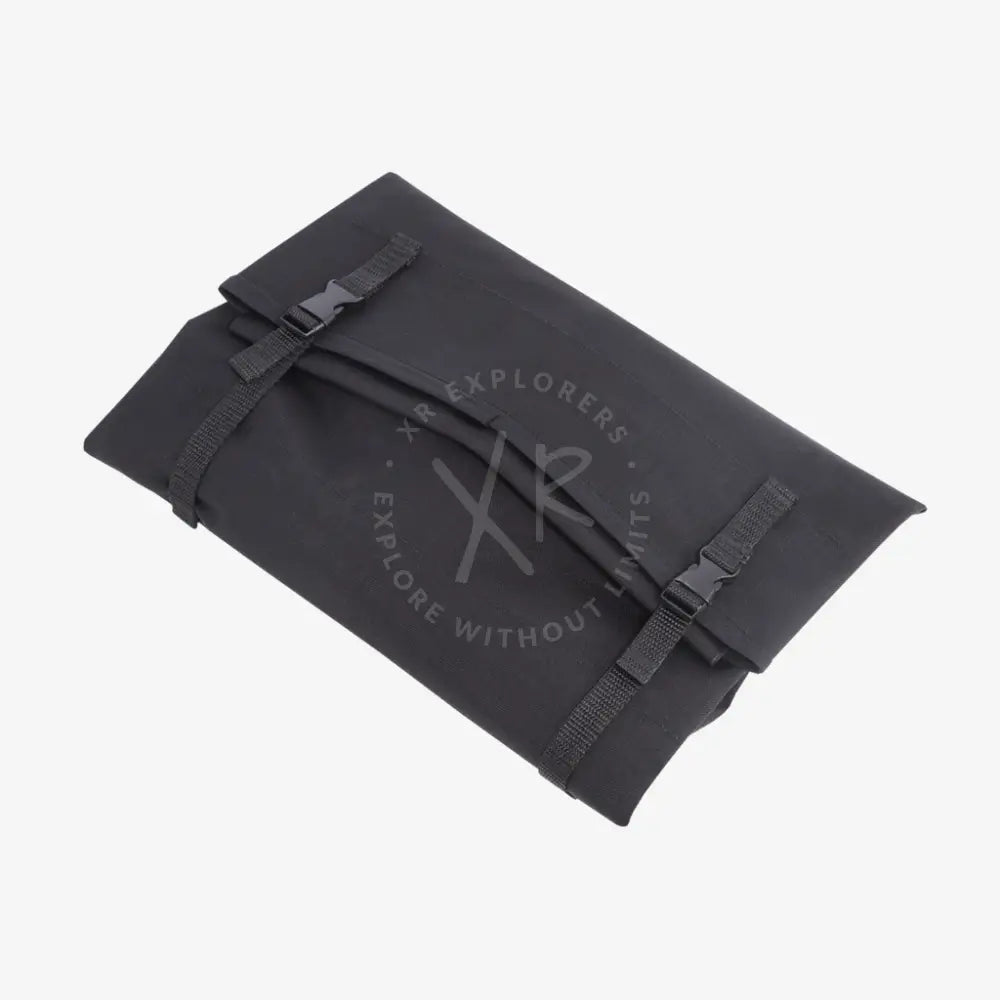 Black nylon roll-top cover-bag with adjustable straps and buckle closures for air-travel battery segments