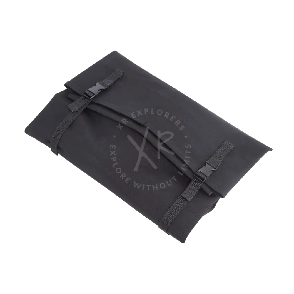 Black nylon roll-top cover-bag with adjustable straps and buckle closures for air-travel battery segments