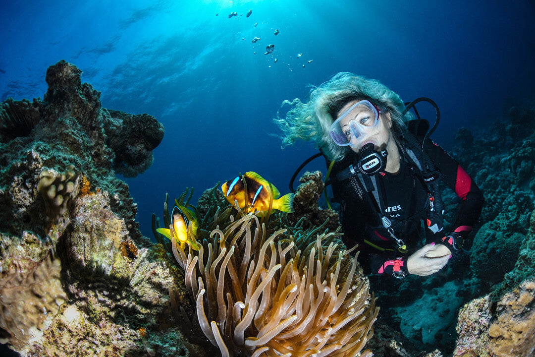 Promotional image for SSI Open Water Diver course featuring a diver underwater with marine life, including a large sea fan.